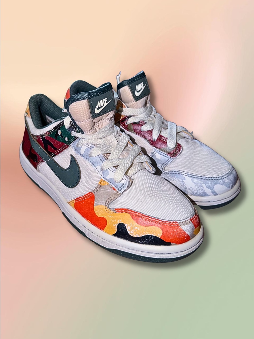 Nike Dunk Low Kids 2Y Mismatched Camo Multi Color Green Orange Sneakers